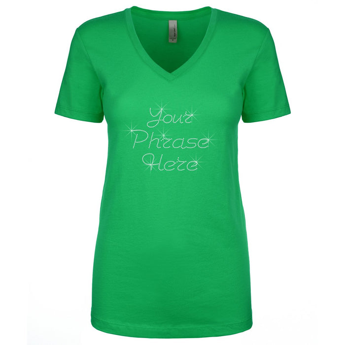 Camiseta para mujer personalizada con texto de 3 líneas y diamantes de imitación