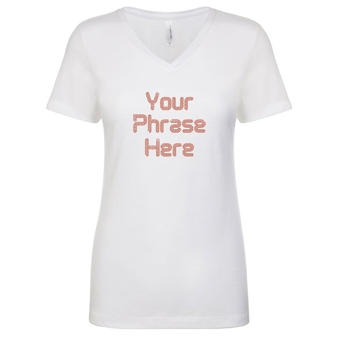 Camiseta para mujer personalizada con texto de 3 líneas y diamantes de imitación