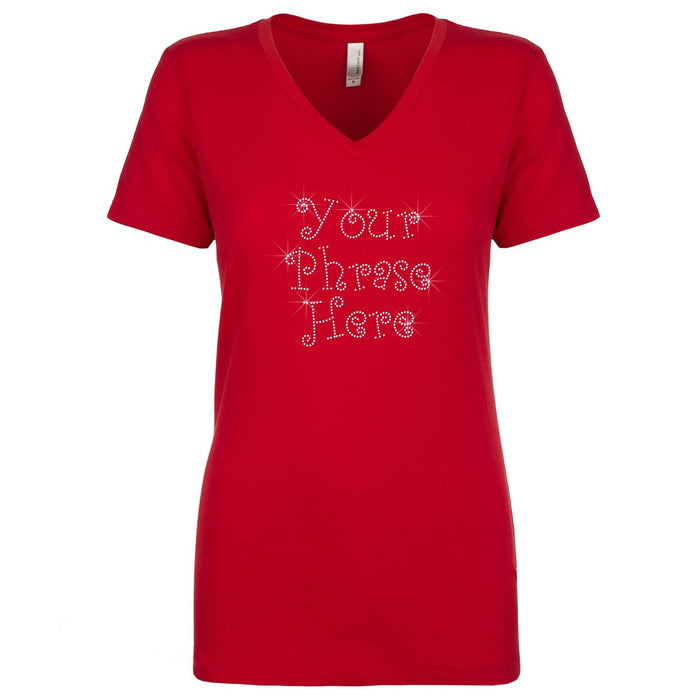 Camiseta para mujer personalizada con texto de 3 líneas y diamantes de imitación