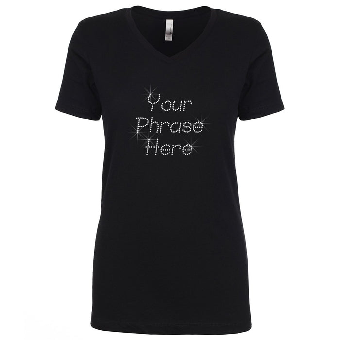 Camiseta para mujer personalizada con texto de 3 líneas y diamantes de imitación