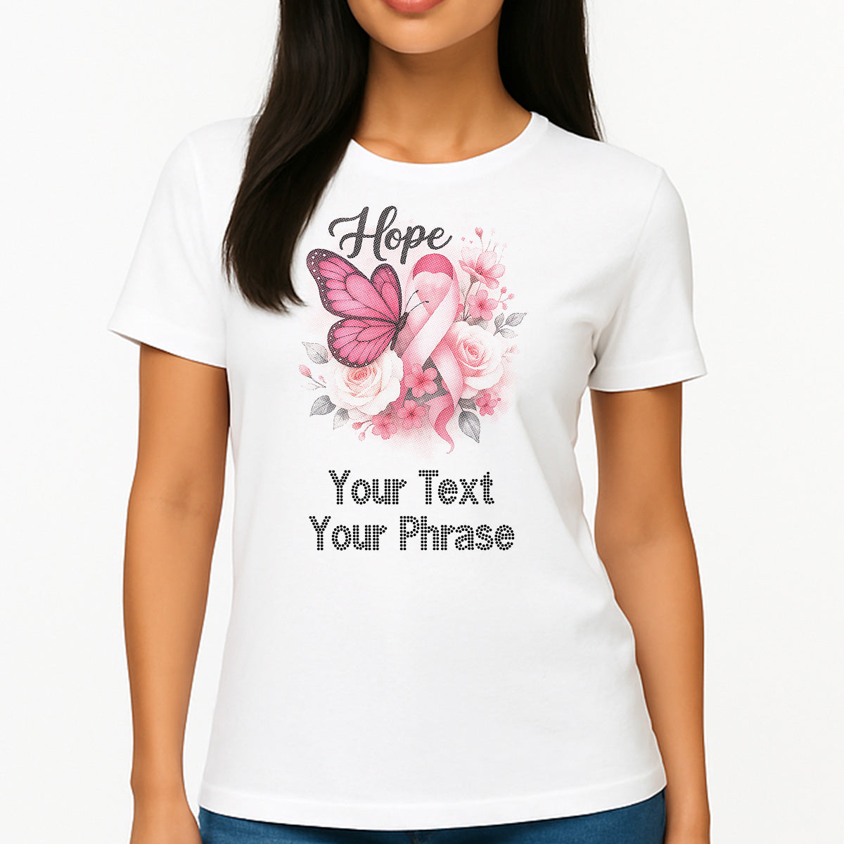 Custom Women's T-Shirt - Awareness DTF Print with Personalized Rhinestone Text