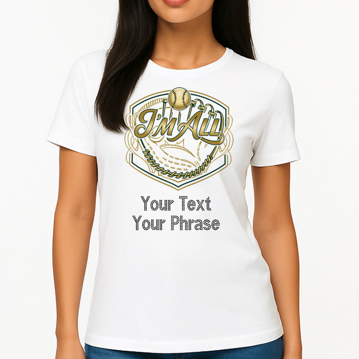Custom Women's T-Shirt - Baseball DTF Print with Personalized Rhinestone Text