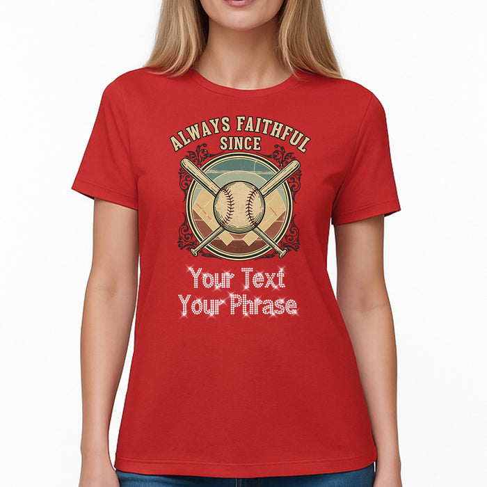 Custom Women's T-Shirt - Baseball DTF Print with Personalized Rhinestone Text