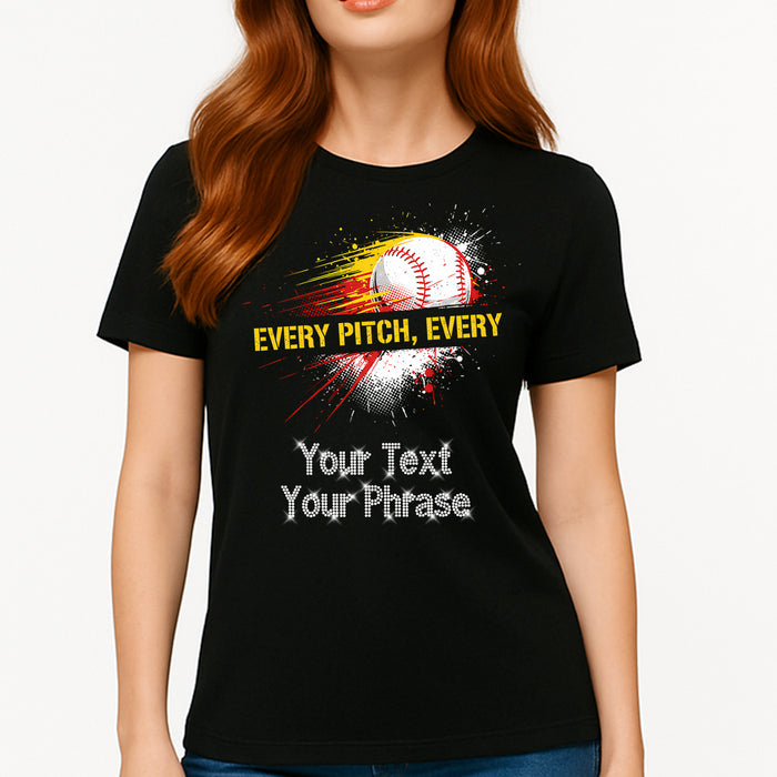Custom Women's T-Shirt - Baseball DTF Print with Personalized Rhinestone Text