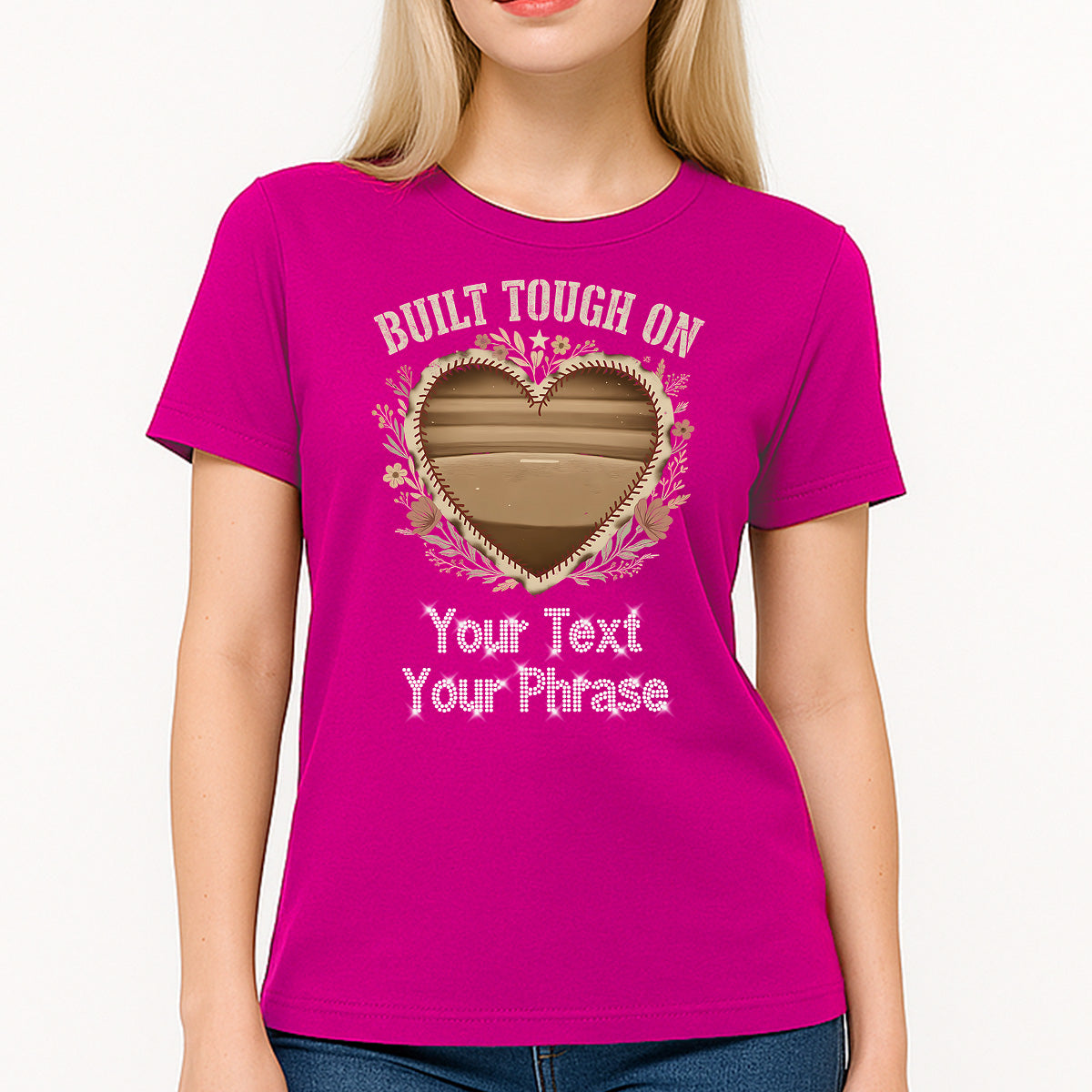 Custom Women's T-Shirt - Baseball DTF Print with Personalized Rhinestone Text