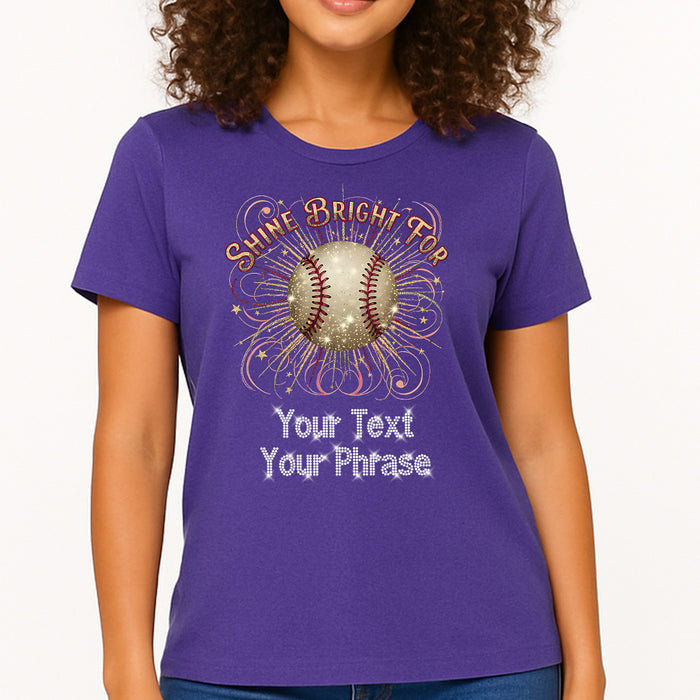 Custom Women's T-Shirt - Baseball DTF Print with Personalized Rhinestone Text
