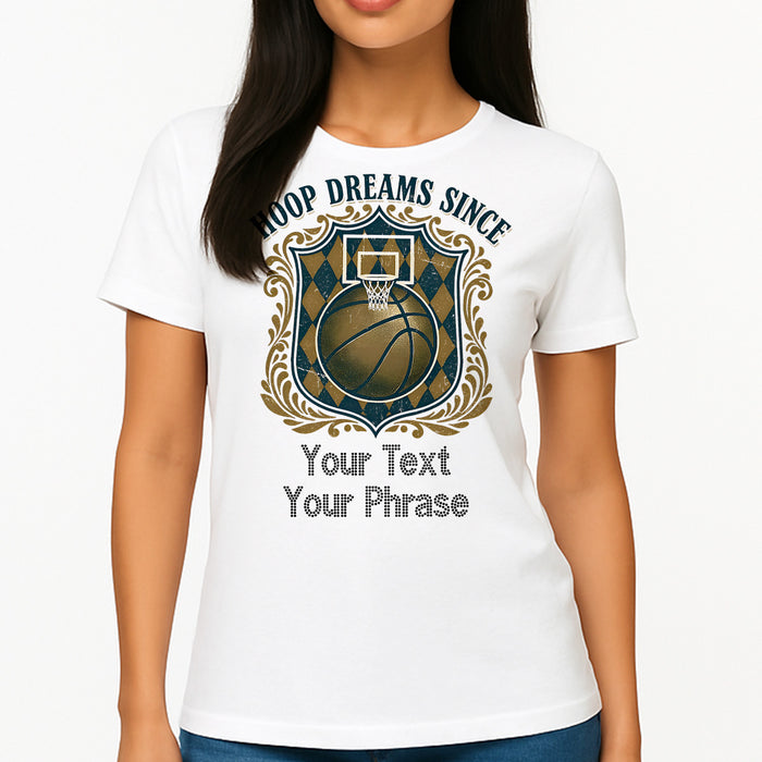 Custom Women's T-Shirt - Basketball DTF Print with Personalized Rhinestone Text