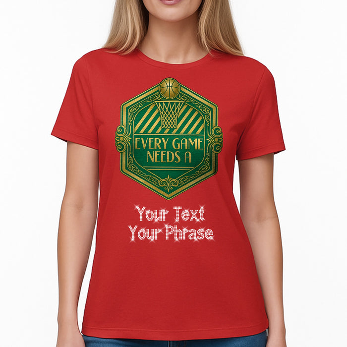 Custom Women's T-Shirt - Basketball DTF Print with Personalized Rhinestone Text