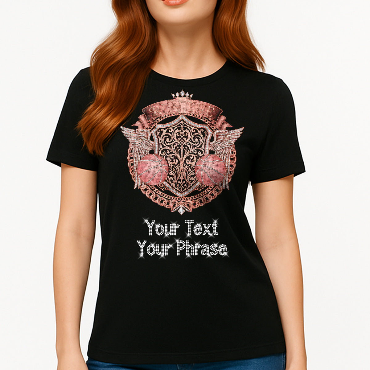 Custom Women's T-Shirt - Basketball DTF Print with Personalized Rhinestone Text