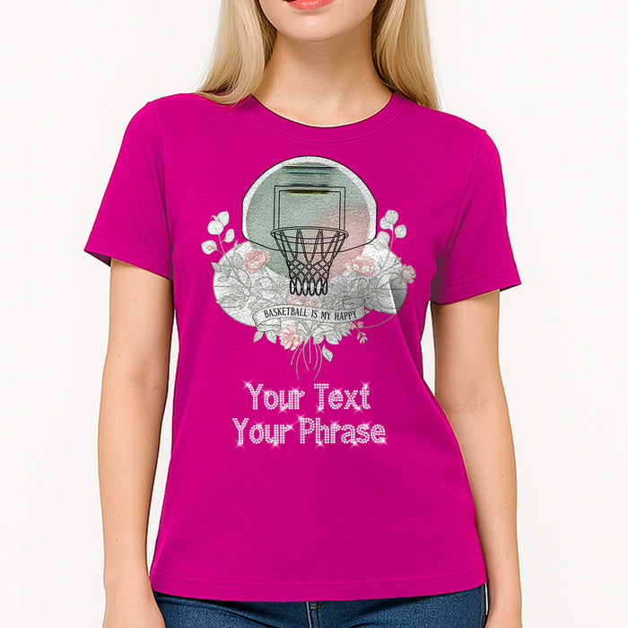 Custom Women's T-Shirt - Basketball DTF Print with Personalized Rhinestone Text