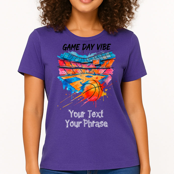 Custom Women's T-Shirt - Basketball DTF Print with Personalized Rhinestone Text