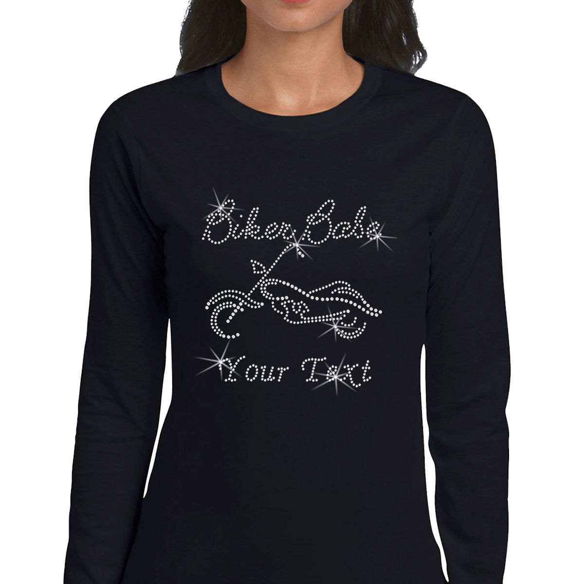 Custom Women’s T-Shirt – Biker Personalized Rhinestone Design and Text