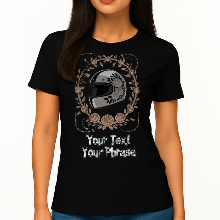 Custom Women’s T-Shirt – Biker DTF Print with Personalized Rhinestone Text