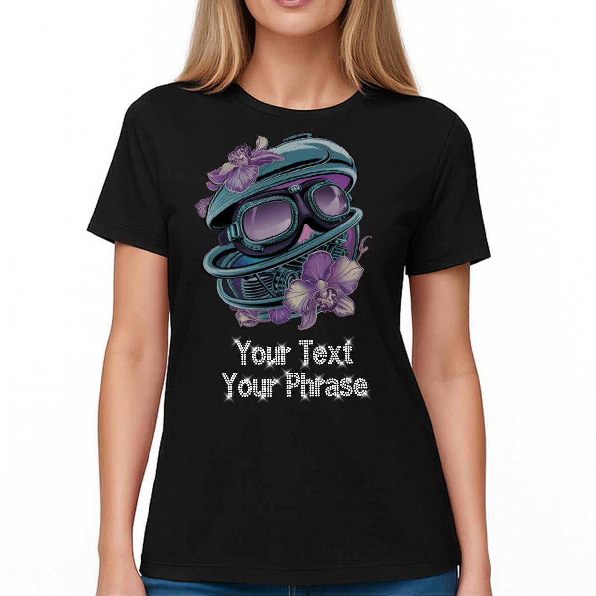 Custom Women’s T-Shirt – Biker DTF Print with Personalized Rhinestone Text