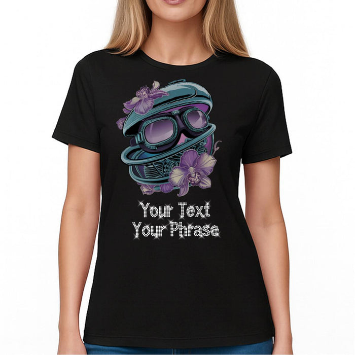 Custom Women’s T-Shirt – Biker DTF Print with Personalized Rhinestone Text