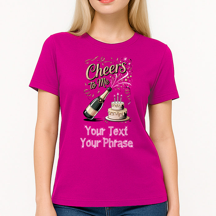 Custom Women’s T-Shirt – Birthdays DTF Print with Personalized Rhinestone Text