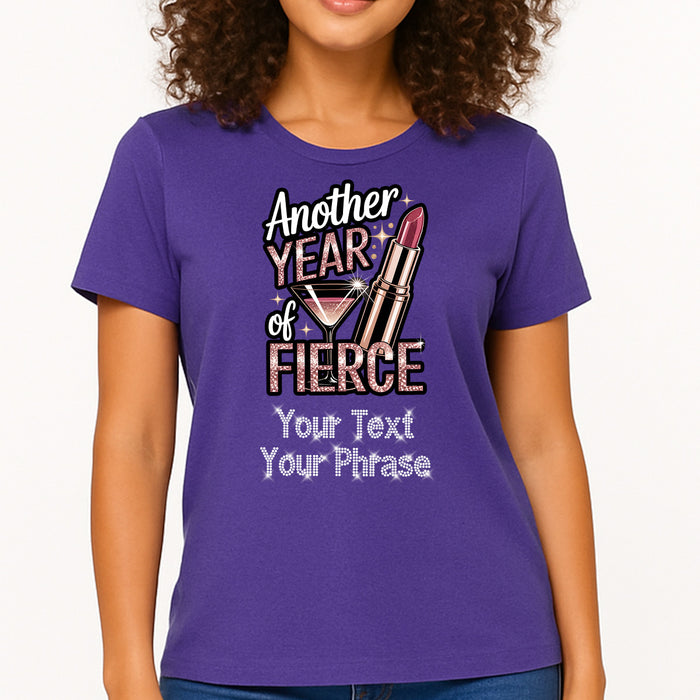 Custom Women’s T-Shirt – Birthdays DTF Print with Personalized Rhinestone Text