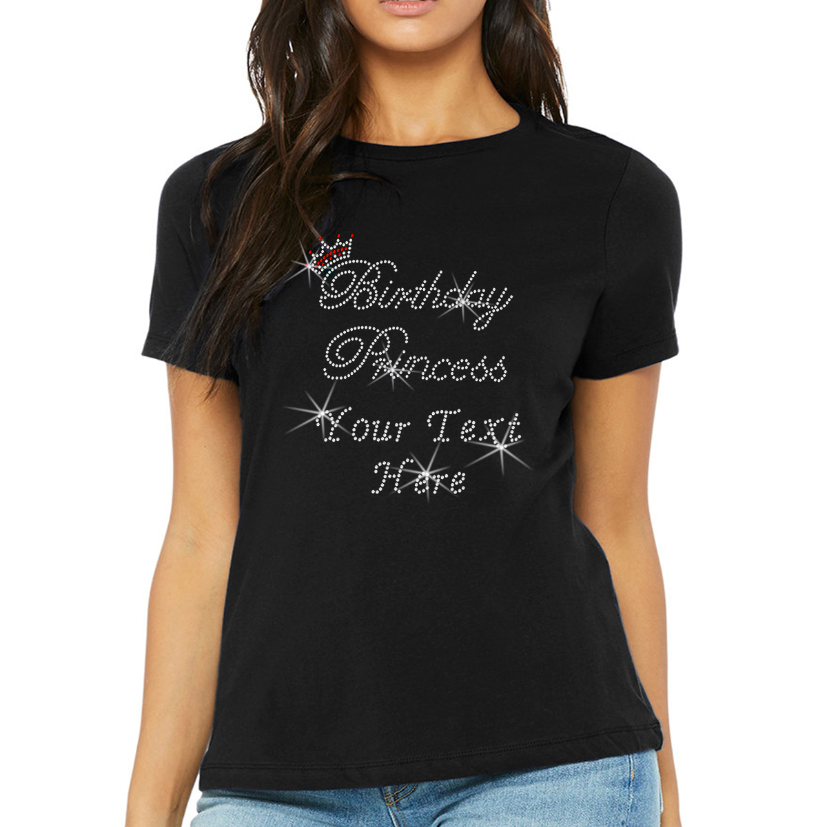Custom Women’s T-Shirt – Birthdays Personalized Rhinestone Design and Text
