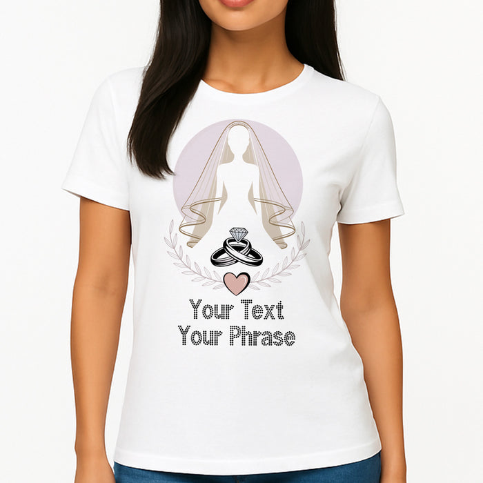 Custom Women’s T-Shirt – Bridal DTF Print with Personalized Rhinestone Text