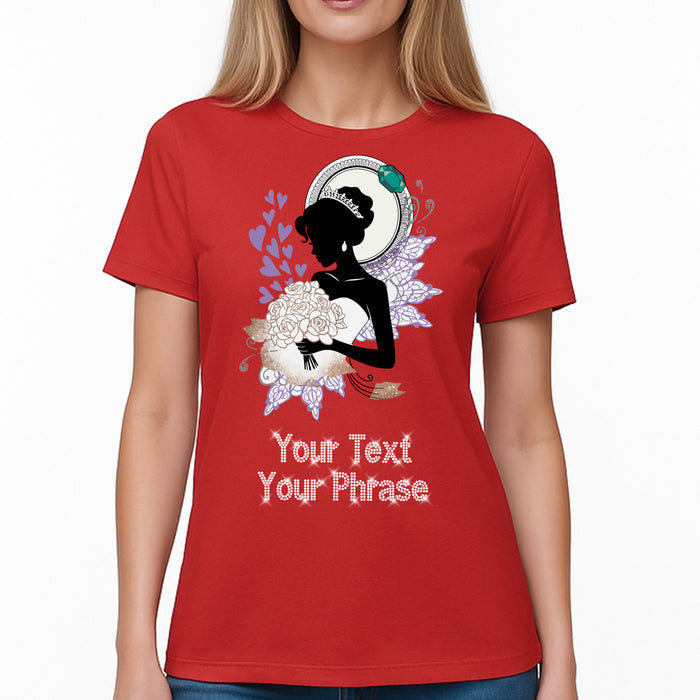 Custom Women’s T-Shirt – Bridal DTF Print with Personalized Rhinestone Text