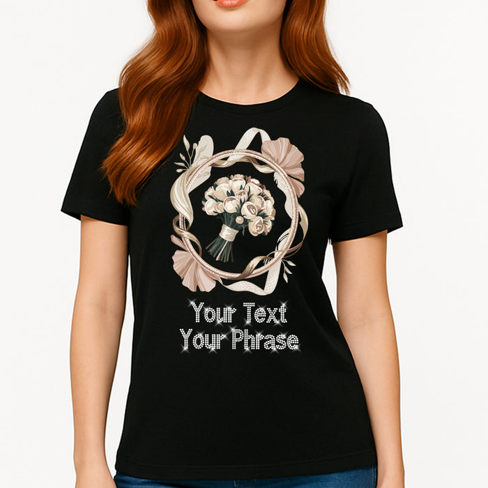 Custom Women’s T-Shirt – Bridal DTF Print with Personalized Rhinestone Text