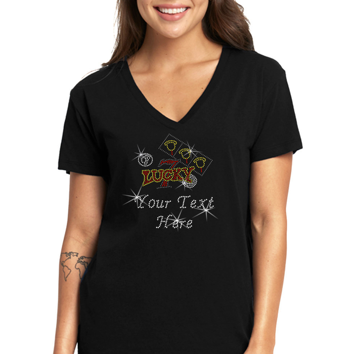 Custom Women’s T-Shirt –Casino Personalized Rhinestone Design and Text