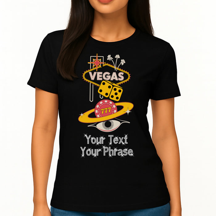 Custom Women's T-Shirt - Casino DTF Print with Personalized Rhinestone Text