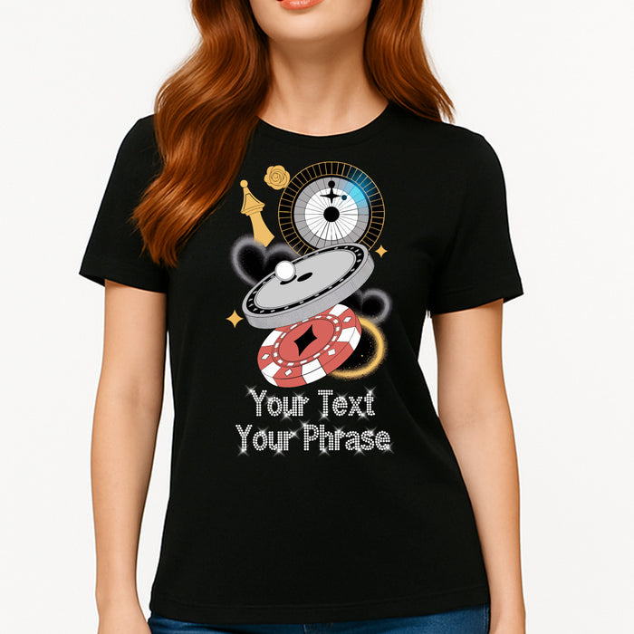 Custom Women's T-Shirt - Casino DTF Print with Personalized Rhinestone Text