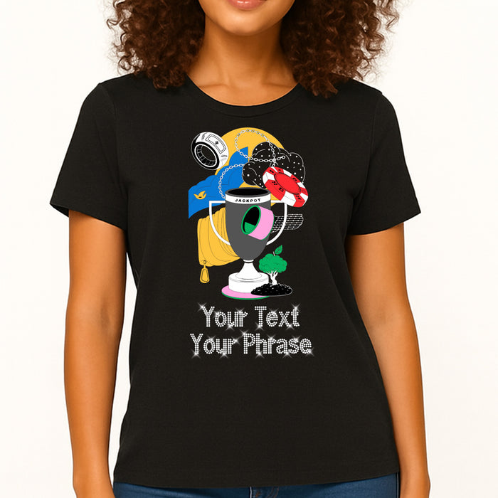 Custom Women's T-Shirt - Casino DTF Print with Personalized Rhinestone Text