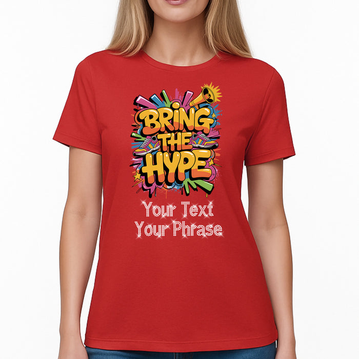 Custom Women's T-Shirt - Cheer DTF Print with Personalized Rhinestone Text