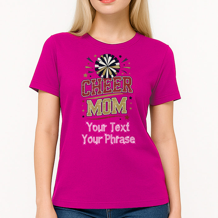 Custom Women's T-Shirt - Cheer DTF Print with Personalized Rhinestone Text