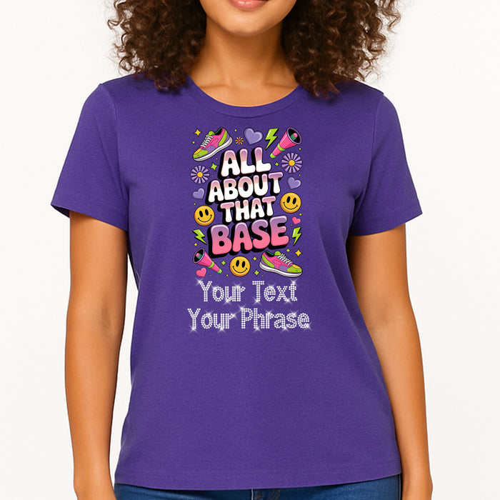 Custom Women's T-Shirt - Cheer DTF Print with Personalized Rhinestone Text