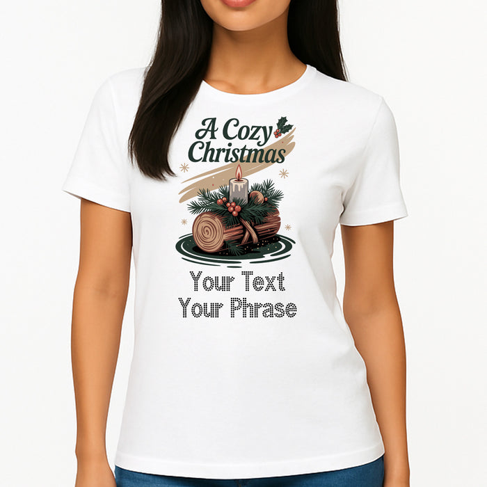 Custom Women's T-Shirt - Christmas DTF Print with Personalized Rhinestone Text