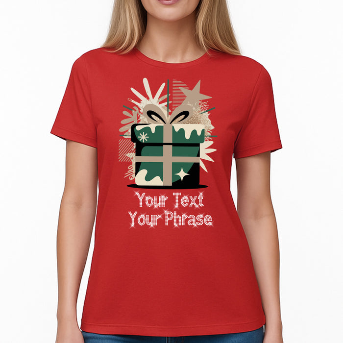 Custom Women's T-Shirt - Christmas DTF Print with Personalized Rhinestone Text
