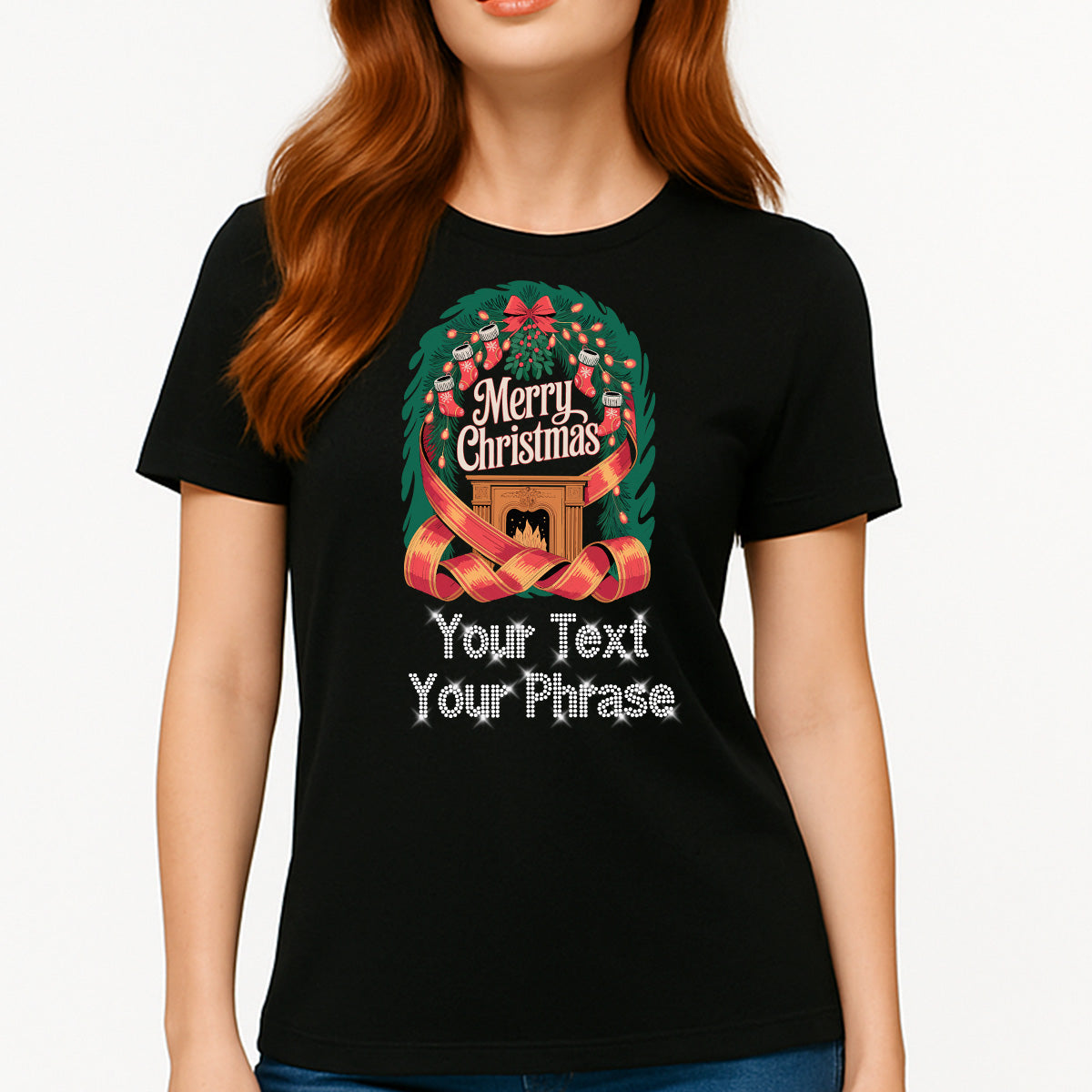Custom Women's T-Shirt - Christmas DTF Print with Personalized Rhinestone Text
