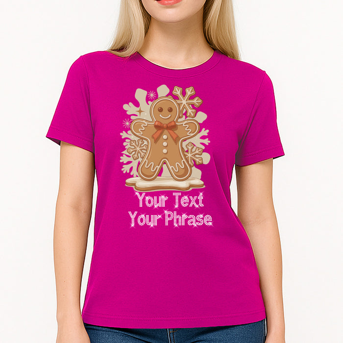 Custom Women's T-Shirt - Christmas DTF Print with Personalized Rhinestone Text