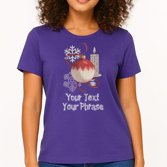 Custom Women's T-Shirt - Christmas DTF Print with Personalized Rhinestone Text