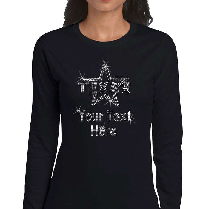 Custom Women’s T-Shirt – Cities/States Personalized Rhinestone Design and Text
