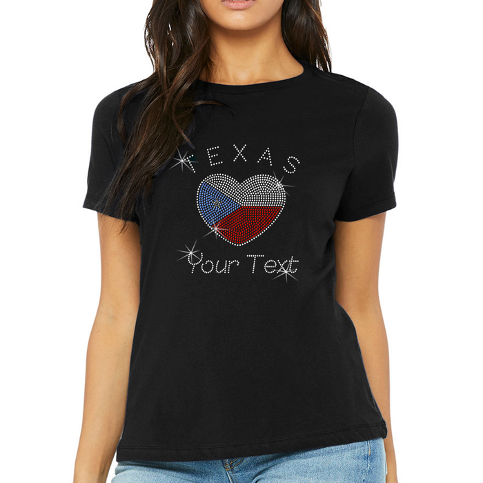 Custom Women’s T-Shirt – Cities/States Personalized Rhinestone Design and Text