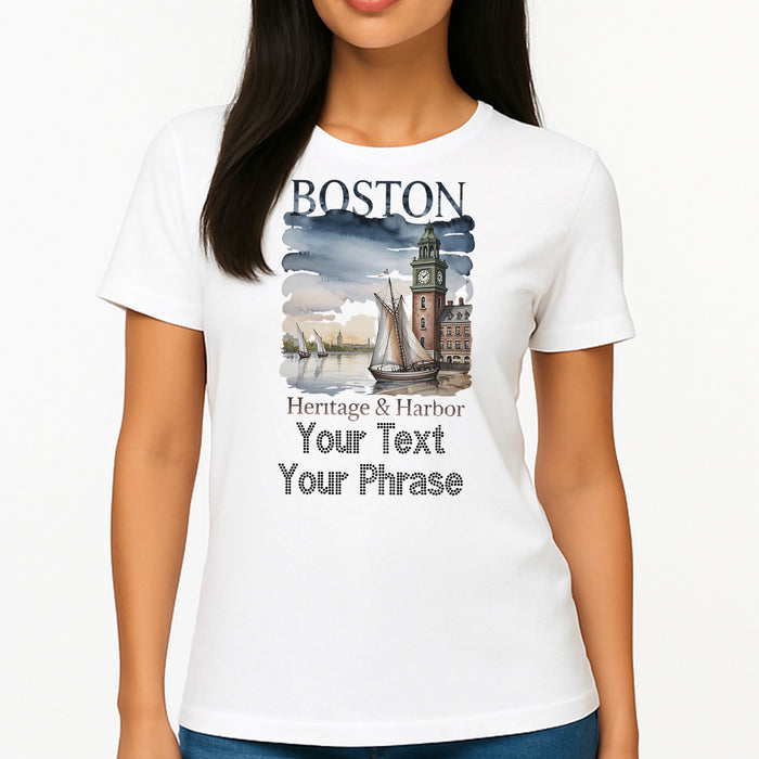 Custom Women's T-Shirt - Cities/States DTF Print with Personalized Rhinestone Text