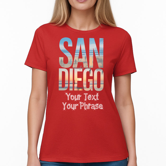 Custom Women's T-Shirt - Cities/States DTF Print with Personalized Rhinestone Text