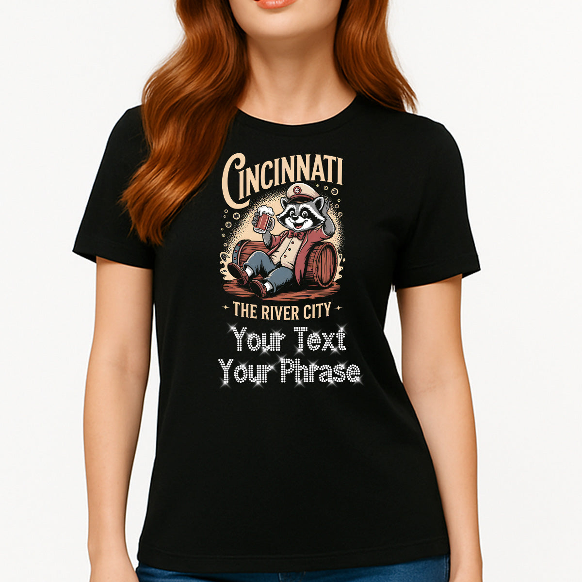 Custom Women's T-Shirt - Cities/States DTF Print with Personalized Rhinestone Text
