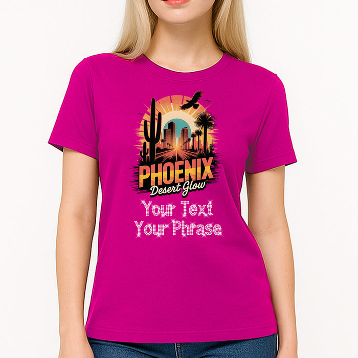 Custom Women's T-Shirt - Cities/States DTF Print with Personalized Rhinestone Text