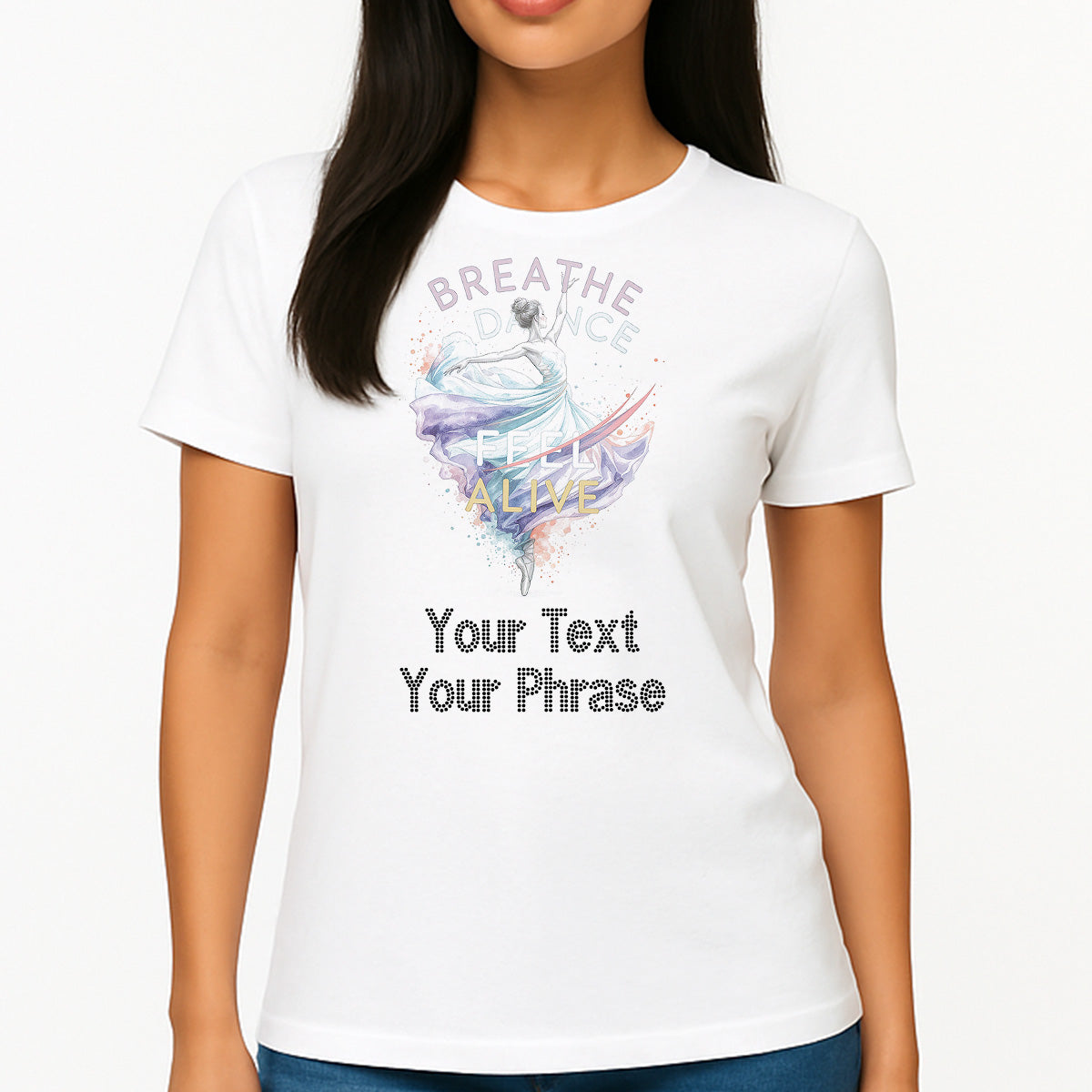 Custom Women's T-Shirt - Dance DTF Print with Personalized Rhinestone Text