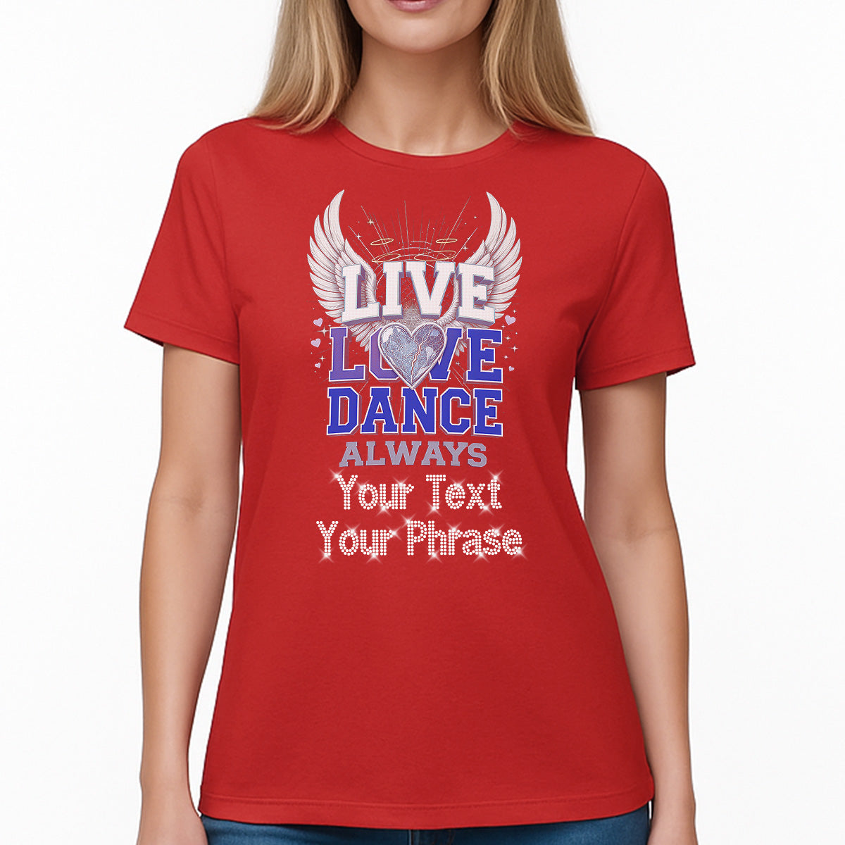 Custom Women's T-Shirt - Dance DTF Print with Personalized Rhinestone Text