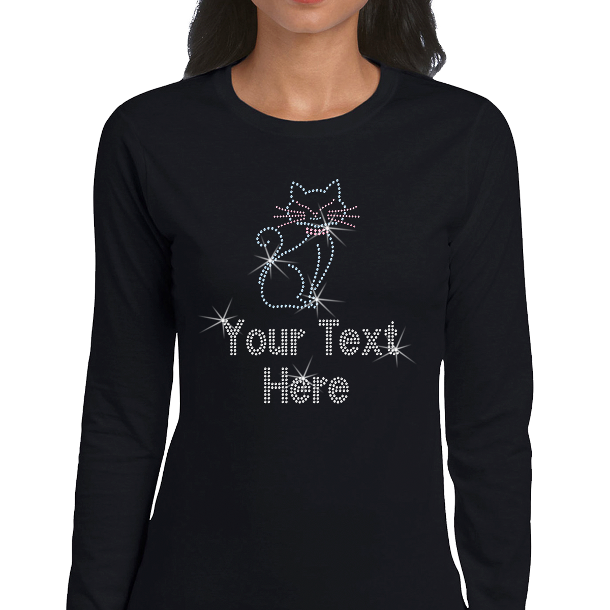 Custom Women’s T-Shirt – Pets Cat Personalized Rhinestone Design and Text