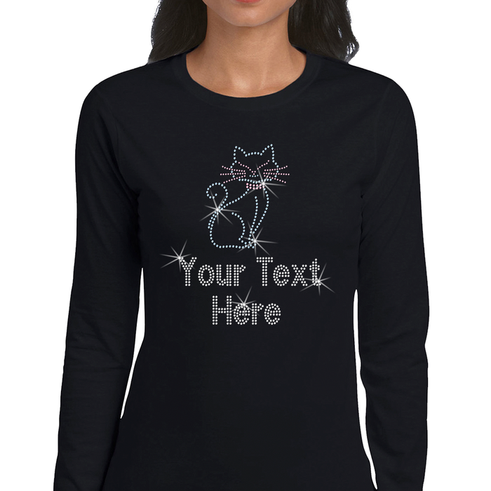 Custom Women’s T-Shirt – Pets Cat Personalized Rhinestone Design and Text