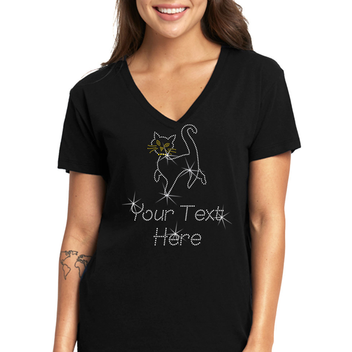 Custom Women’s T-Shirt – Pets Cat Personalized Rhinestone Design and Text