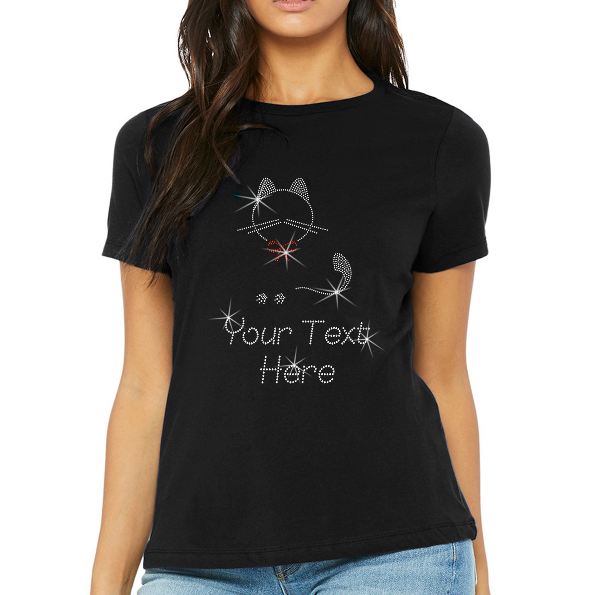 Custom Women’s T-Shirt – Pets Cat Personalized Rhinestone Design and Text