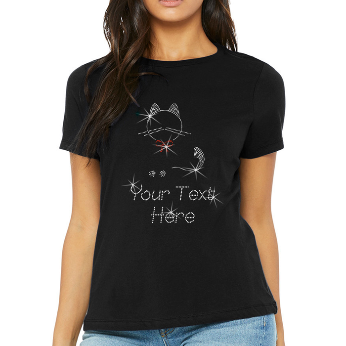 Custom Women’s T-Shirt – Pets Cat Personalized Rhinestone Design and Text
